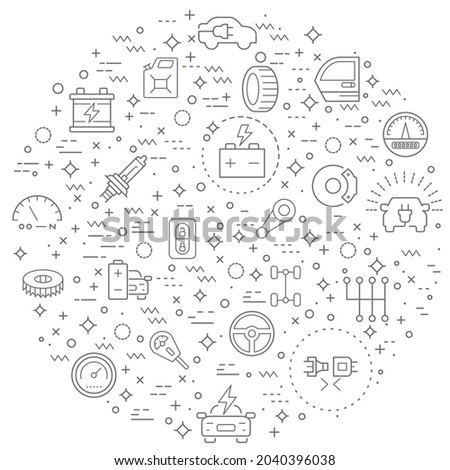 Simple Set of Car parts and car service Related Vector Line Illustration. Contains such Icons as speed meter, electric car, EV charging, station, energy, battery, oil and Other Elements.