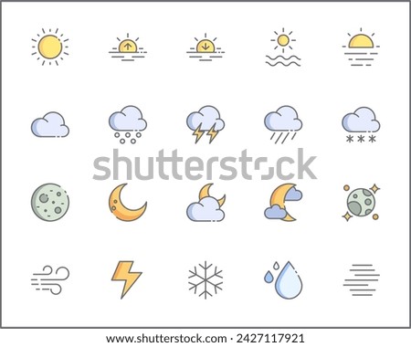 Set of weather and weather cast Icons line style. Contains such Icons as sunny, partly sunny, raining, snowing, cloudy, rainbow, weather forecast, rain And Other Elements.