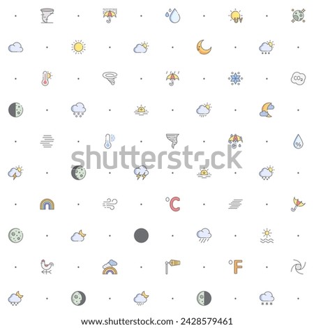 Seamless pattern weather and weather cast icon on white background. Included the icons as sunny, partly sunny, raining, snowing, cloudy, rainbow, weather forecast, rain  And Other Elements.