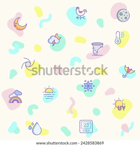 Vector illustration of a cute weather and weather cast. Collection of sunny, partly sunny, raining, snowing, cloudy, rainbow, weather forecast, rain and other elements. Isolated on beige.