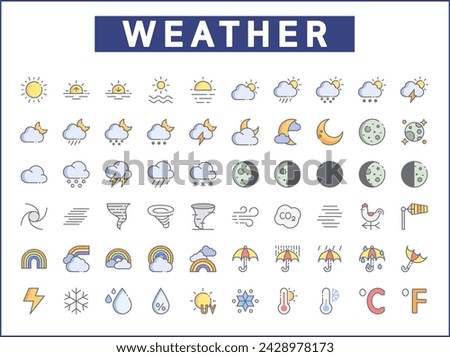 Set of weather and weather cast Icons line style. Contains such Icons as sunny, partly sunny, raining, snowing, cloudy, rainbow, weather forecast, rain And Other Elements.