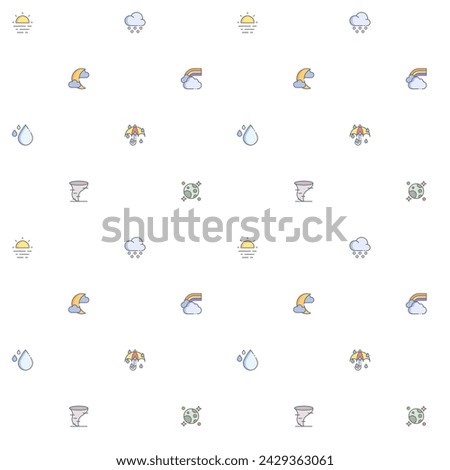 Seamless pattern weather and weather cast icon on white background. Included the icons as sunny, partly sunny, raining, snowing, cloudy, rainbow, weather forecast, rain And Other Elements.