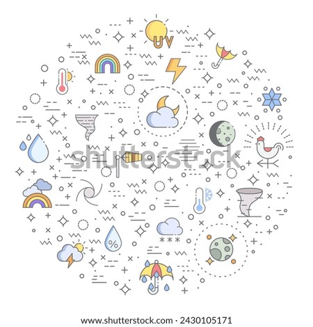 Simple Set of weather and weather cast Related Vector Line Illustration. Contains such Icons as sunny, partly sunny, raining, snowing, cloudy, rainbow, weather forecast, rain and more.