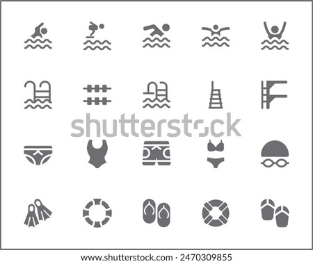 Set of swimming and pool Icons line style. Contains such Icons as diving, summer, beach activity, swimsuit, bikini, trunks, swimming cap, glasses, flippers, swim And Other Elements.