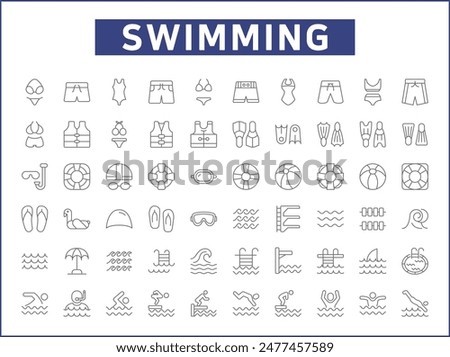 Set of swimming and pool Icons line style. Contains such Icons as diving, summer, beach activity, swimsuit, bikini, trunks, swimming cap, glasses, flippers, swim And Other Elements.