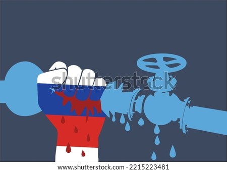 gas sanctions. A hand with a Russian flag crushes a gas pipe. Vector illustration