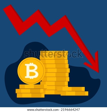 Bitcoin BTC price falls to all time low. Bitcoin crash design. Red arrow shows Bitcoin price going down. Vector illustration on blue background