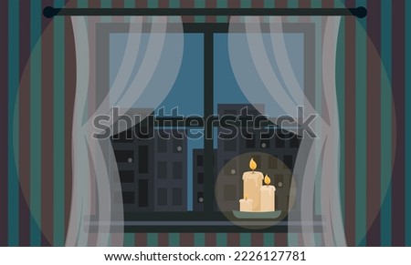 Night city blackout, vector illustration. power age. View from an apartment with candles on a dark city. Cityscape with building silhouettes without electricity. Energy crisis. Top view