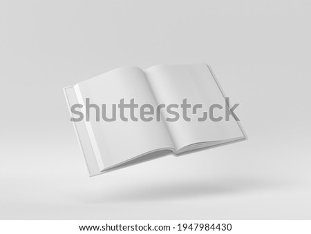 White Blank Open Magazine or Book floating in white background. minimal concept idea creative. monochrome. 3D render.