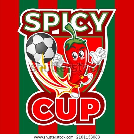 vector mascot character illustration of cute chili icon kicking a ball on a badge background with spicy cup writing for soccer sports logo