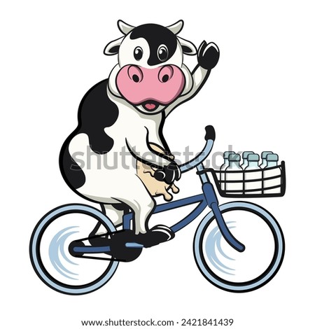 vector isolated clip art illustration of cute cow mascot delivering milk in bottles on a bicycle