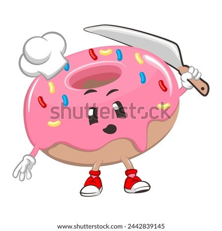 cute donut mascot character vector illustration carrying a large dinner knife