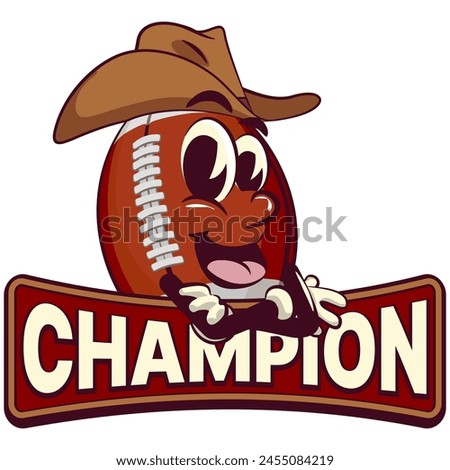 american football cartoon vector logo emblem isolated clip art illustration mascot wearing a cowboy hat above the words champion, vector work of hand drawn