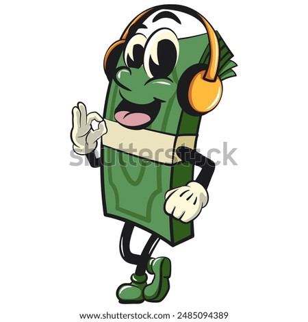 character of a bundle of cash money cartoon vector isolated clip art mascot illustration wearing a headset, work of hand drawn