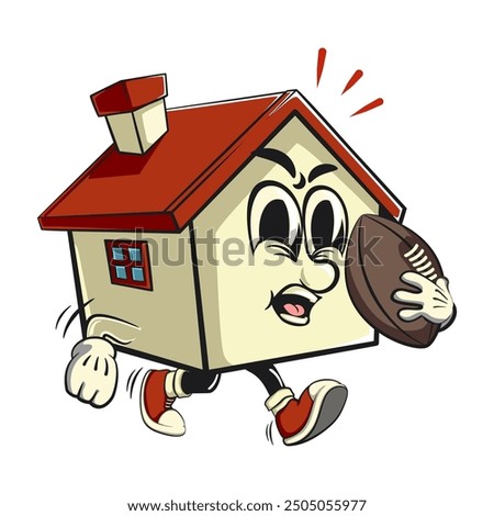 house cartoon character mascot retro vector design playing rugby and american footbal, work of hand drawn