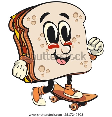 sandwich bread cartoon character mascot retro vector design playing skateboarding, work of hand drawn