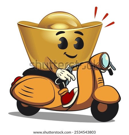 chines Imperial golden ingot gold money isolated vector cartoon illustration riding a scooter, work of hand drawn