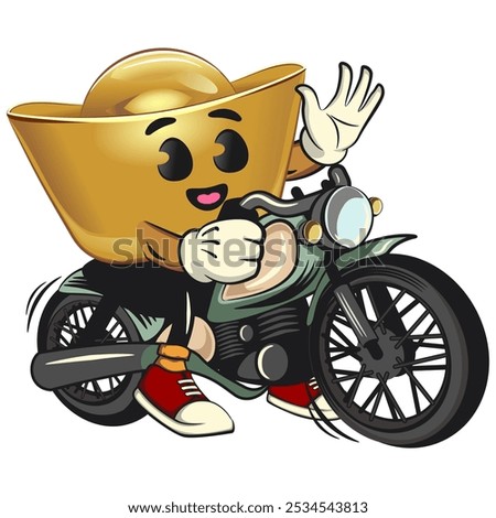 chines Imperial golden ingot gold money isolated vector cartoon illustration riding a big motorcycle, work of hand drawn