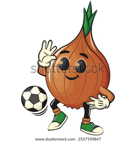 cute onion character playing football or soccer ball with his feet, cartoon vector illustration, work of hand drawn