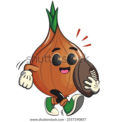 cute onion character playing rugby or american footbal, cartoon vector illustration, work of hand drawn