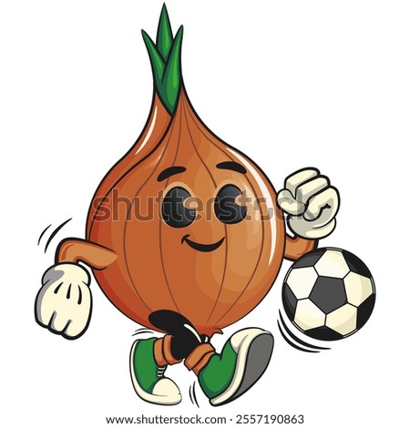 cute onion character playing football or soccer, cartoon vector illustration, work of hand drawn