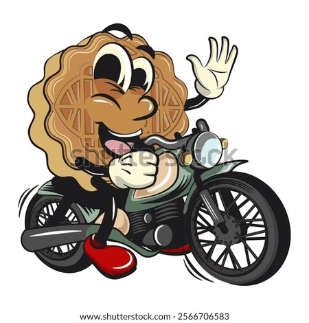 traditional chinese moon cake cartoon isolated vector illustration character mascot riding a big motorcycle, work of hand drawn