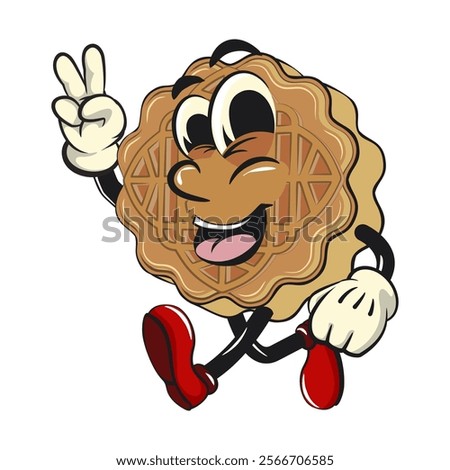 traditional chinese moon cake cartoon isolated vector illustration character mascot walking with a peace sign, , work of hand drawn