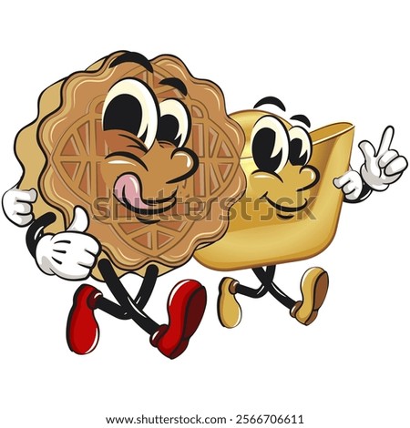 traditional chinese moon cake cartoon isolated vector illustration character mascot walk with a ingot gold money character while giving thumbs up, work of hand drawn