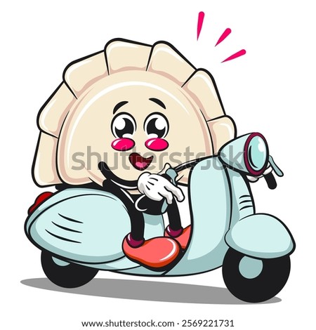 Cute gyoza dumpling vektor illustration mascot character riding a scooter, Xiao Long Bao, Asian, Chinese food, work of hand drawn