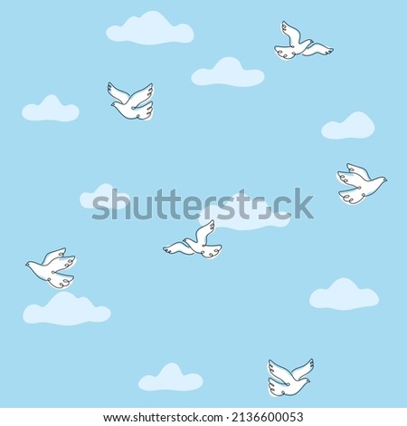 Cartoon pigeon in sky - simple trendy pattern with bird. Contour vector illustration for prints, clothing, packaging and postcards.