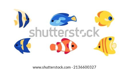 Group of fishes - coral fishes isolated on white background. Clown fish, butterfly fish, fish surgeon, moorish idol, arabic angelfish. Vector illustration in colorful style.