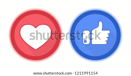 Heart and thumbs up flat style logos with shadows isolated on a white. Vector illustration