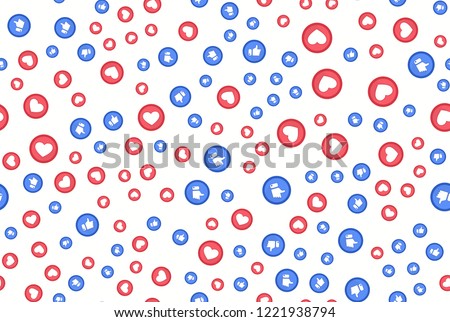 Red Heart and blue thumbs up flat style logos abstract background. Facebook like concept. Love, sale, design concept. Vector illustration