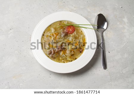 Traditional Russian Cabbage Soup Schi With Spoon On Grey Background. Flat Lay.  Imagine de stoc © 