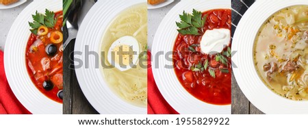 Asoorted Traditional Soup Collage. Solyanka, Chicken Soup, Borsch, Schi In White Plate. Flat Lay. Imagine de stoc © 