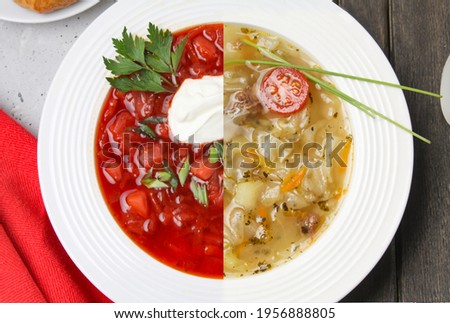 Soup Collage, Traditional Beetroot Borsch And Cabbage Soup Schi On White Plate. Flat Lay. Imagine de stoc © 