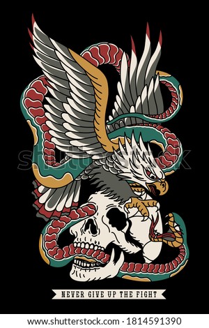 Eagle Fighting with Snake on a Skull Traditional Tattoo Style Illustration Print for Apparel and Other Uses