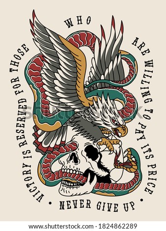 Eagle Fighting with Snake on a Skull Traditional Tattoo Style Illustration Print for Apparel and Other Uses White Base