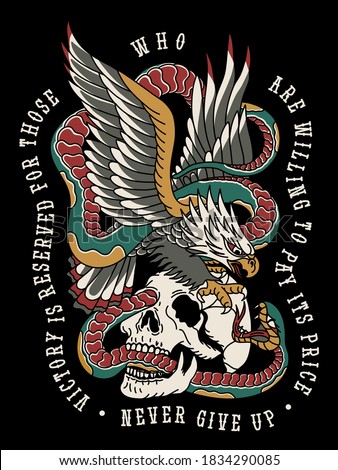 Eagle Fighting with Snake on a Skull Traditional Tattoo Style Illustration Print for Apparel and Other Uses Black Base