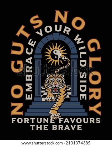 Wild Tiger Walking Down Archway Gate with Stairs Illustration with Slogans Artwork on Black Background for Apparel and Other Uses