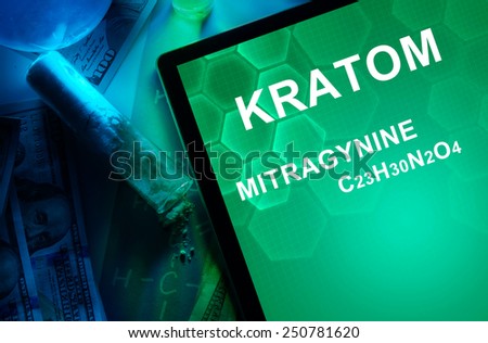 Tablet with the chemical formula of Kratom (Mitragyna speciosa) Mitragynine. Drugs and Narcotics