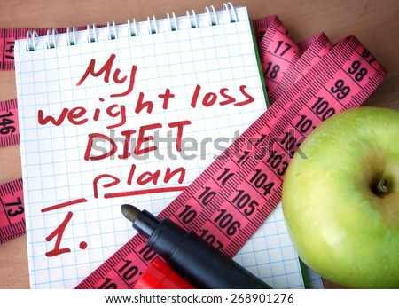 Notepad with weight loss diet plan and measuring tape.