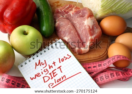 Notepad  with weight loss diet plan and raw organic food.