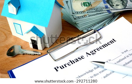 Purchase agreement document with dollars and home model.