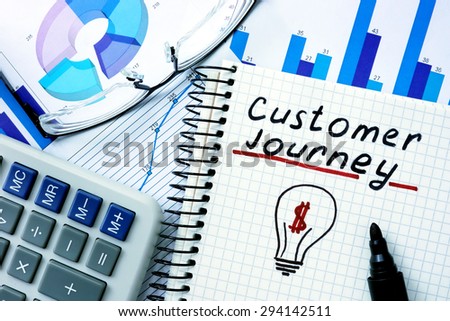 Notepad with Customer Journey on office wooden table.