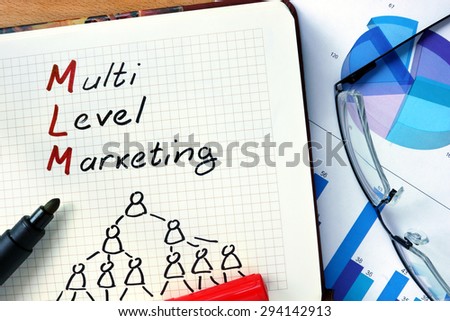 Notepad with Multi level marketing MLM on office wooden table.