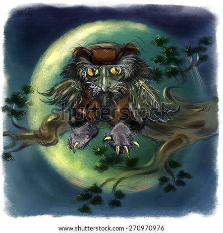 Old owl-shifter sits on a branch on a background of the full moon