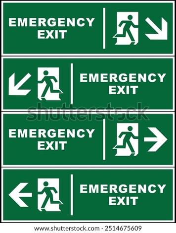 Emergency exit evacuation route point sign bundle, safety gathering point signboard, vector illustration.