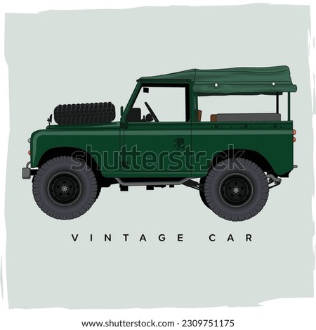 green vintage iconic british offroad 4x4 with mud wheel, pickup layered file high wheel adventure vector 