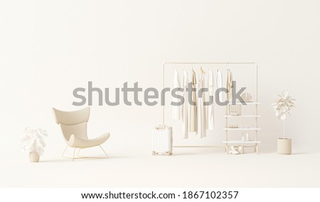 Clothes on grunge background, shelf and plants pot, chair, luggage on cream background. Collection of clothes hanging on a rack in neutral beige colors. 3d rendering, store and bedroom concept

